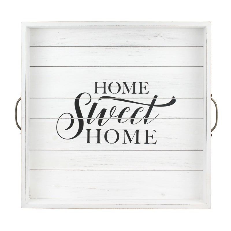 Stonebriar Square Worn White Home Sweet Home Decorative Wooden Tray with Metal Handles - Image 1
